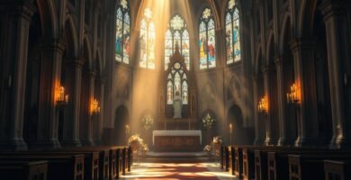 Bild des Innenraums einer leeren Kirche mit Blick auf den Sockel, in den Licht durch die Fenster fällt