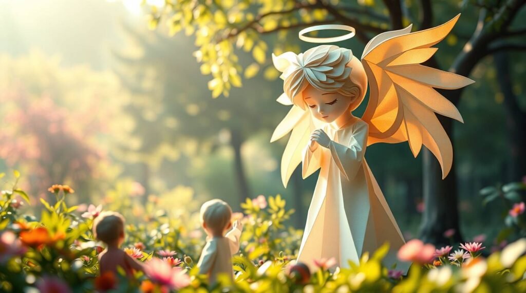 Bild eines Schutzengels aus Papier, der mitten im Wald betet und von Kindern umgeben ist