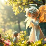 Bild eines Schutzengels aus Papier, der mitten im Wald betet und von Kindern umgeben ist