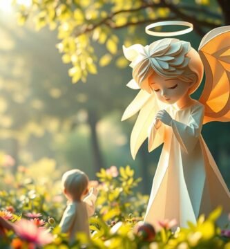 Bild eines Schutzengels aus Papier, der mitten im Wald betet und von Kindern umgeben ist