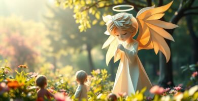 Bild eines Schutzengels aus Papier, der mitten im Wald betet und von Kindern umgeben ist