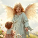 Bild eines Schutzengels mit einem kleinen Kind auf einer Wiese, umgeben von Blumen, im Hintergrund ein klarer Himmel.