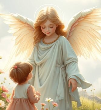 Bild eines Schutzengels mit einem kleinen Kind auf einer Wiese, umgeben von Blumen, im Hintergrund ein klarer Himmel.