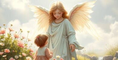 Bild eines Schutzengels mit einem kleinen Kind auf einer Wiese, umgeben von Blumen, im Hintergrund ein klarer Himmel.