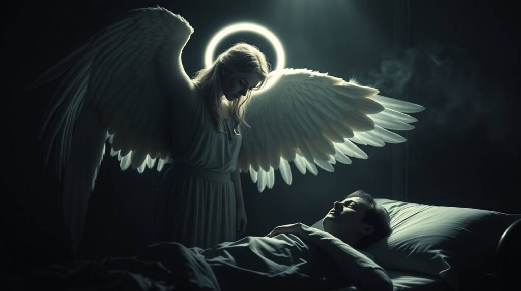 Bild eines Engels, der in einem dunklen Raum für einen kranken, im Bett liegenden Menschen betet.