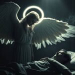 Bild eines Engels, der in einem dunklen Raum für einen kranken, im Bett liegenden Menschen betet.