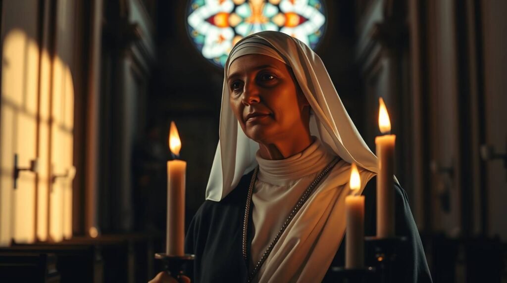 Bild einer älteren, frommen Frau in Habit in einer Kapelle, umgeben von brennenden Kerzen.