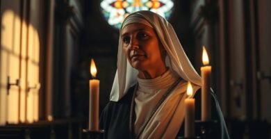 Bild einer älteren, frommen Frau in Habit in einer Kapelle, umgeben von brennenden Kerzen.