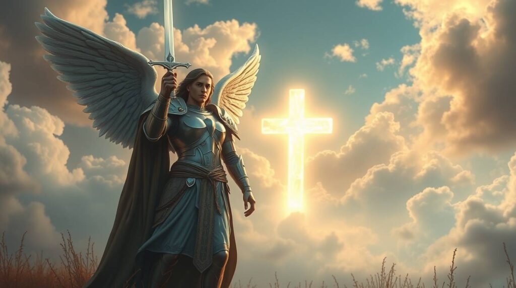 Abbildung des Erzengels Michael mit einem Schwert vor einem Hintergrund mit einem hellen Kreuz und Wolken.