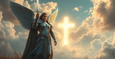 Abbildung des Erzengels Michael mit einem Schwert vor einem Hintergrund mit einem hellen Kreuz und Wolken.