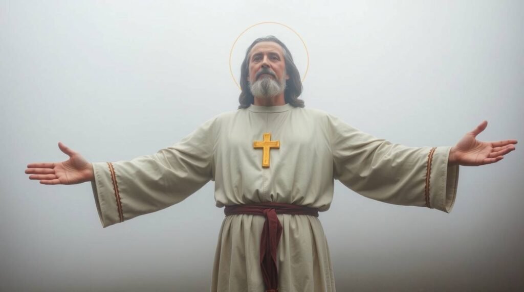 Bild eines Priesters in weißem Habit mit einem Kreuz auf der Brust, die Arme ausgestreckt, im Hintergrund weißer Nebel.