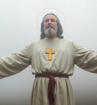 Bild eines Priesters in weißem Habit mit einem Kreuz auf der Brust, die Arme ausgestreckt, im Hintergrund weißer Nebel.