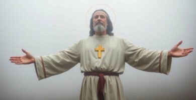 Bild eines Priesters in weißem Habit mit einem Kreuz auf der Brust, die Arme ausgestreckt, im Hintergrund weißer Nebel.