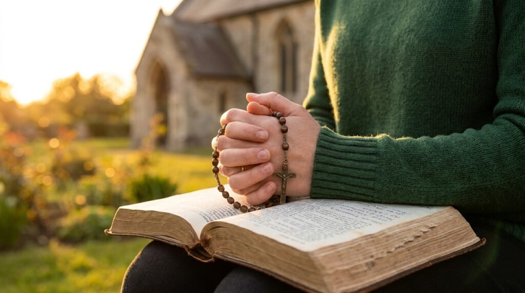 Nahaufnahmen einer Frau, die mit einem Rosenkranz in der Hand auf einer Bank sitzt und in der Bibel liest; ihr Gesicht ist nicht zu sehen. Im Hintergrund befindet sich eine Pfarrkirche inmitten eines Feldes.