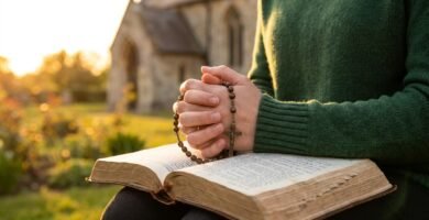Nahaufnahmen einer Frau, die mit einem Rosenkranz in der Hand auf einer Bank sitzt und in der Bibel liest; ihr Gesicht ist nicht zu sehen. Im Hintergrund befindet sich eine Pfarrkirche inmitten eines Feldes.