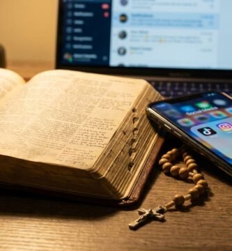 Nahaufnahme einer aufgeschlagenen Bibel neben einem Mobiltelefon mit Social-Media-Symbolen auf dem Bildschirm und einem Rosenkranz daneben. Im Hintergrund ein Laptop mit einer Social-Media-Konversation.