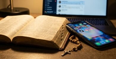 Nahaufnahme einer aufgeschlagenen Bibel neben einem Mobiltelefon mit Social-Media-Symbolen auf dem Bildschirm und einem Rosenkranz daneben. Im Hintergrund ein Laptop mit einer Social-Media-Konversation.