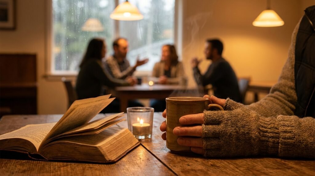 Nahaufnahme des Inneren eines Cafés: Ein Mann sitzt allein mit einer Tasse in den Händen, einer Kerze und einer Bibel; im Hintergrund unterhält sich eine Gruppe von Freunden.