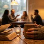 Nahaufnahme des Inneren eines Cafés: Ein Mann sitzt allein mit einer Tasse in den Händen, einer Kerze und einer Bibel; im Hintergrund unterhält sich eine Gruppe von Freunden.