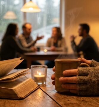 Nahaufnahme des Inneren eines Cafés: Ein Mann sitzt allein mit einer Tasse in den Händen, einer Kerze und einer Bibel; im Hintergrund unterhält sich eine Gruppe von Freunden.