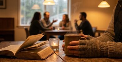 Nahaufnahme des Inneren eines Cafés: Ein Mann sitzt allein mit einer Tasse in den Händen, einer Kerze und einer Bibel; im Hintergrund unterhält sich eine Gruppe von Freunden.