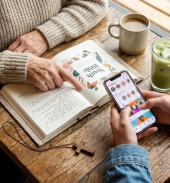 Nahaufnahme eines Tisches, an dem ein älterer Mann versucht, einem neben ihm sitzenden Teenager die Bibel zu erklären. Der Teenager hat ein Handy und nutzt soziale Medien auf dem Bildschirm.